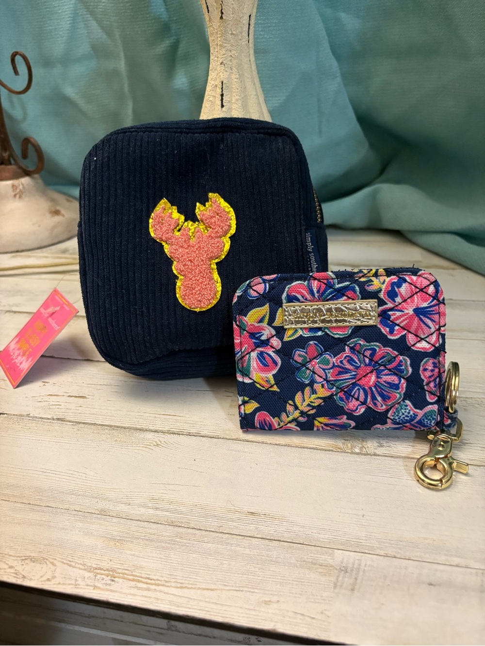 Simply Southern Navy Floral Zip Card Case and Navy Corduroy Pouch Set